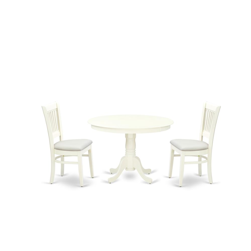East West Furniture - HLVA3-LWH-C - 3-Piece Dining Table Set- 2 Kitchen Chairs and Modern Kitchen Table - Linen Fabric Seat and Slatted Chair Back - Linen White Finish. Picture 1