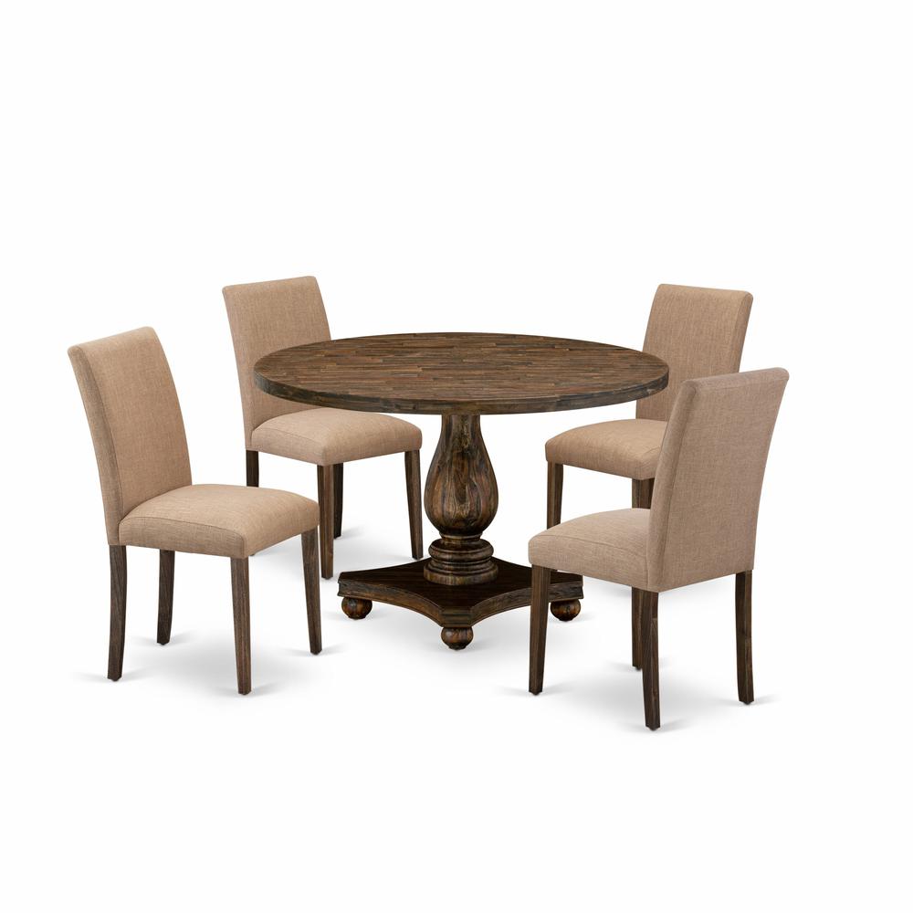 East West Furniture 5 Piece Mid Century Modern Dining Set Consists of a Dining Table and 4 Light Sable Linen Fabric Dining Chairs with High Back - Distressed Jacobean Finish. Picture 1