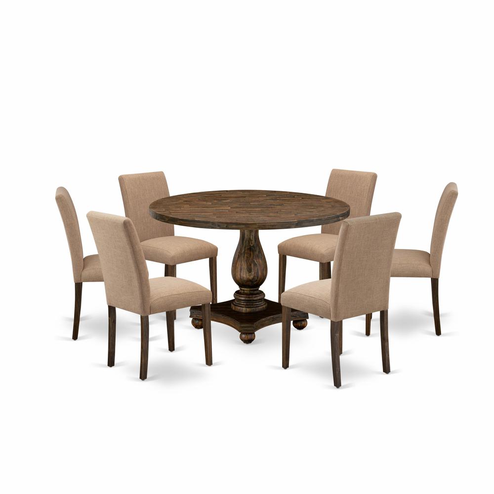 East West Furniture 7 Piece Dining Table Set Includes a Dining Room Table and 6 Light Sable Linen Fabric Mid Century Modern Chairs with High Back - Distressed Jacobean Finish. Picture 1