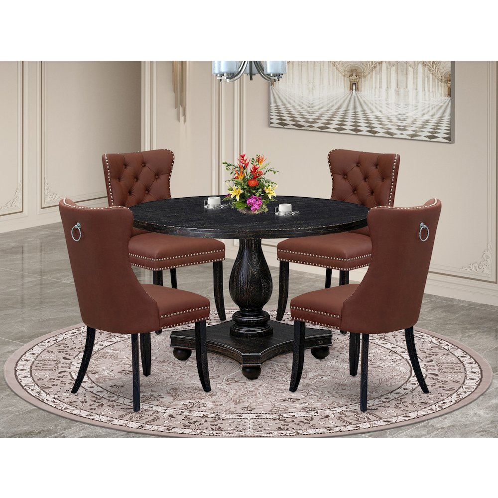 5 Piece Dining Table Set Includes 48" Round Table In Burgandy Color. Picture 2