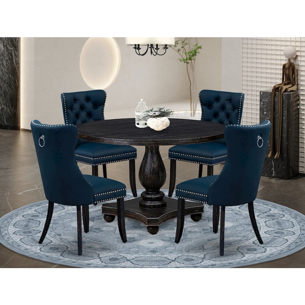 5 Piece Dining Table Set Includes 48" Round Table In Navy Blue Color. Picture 2