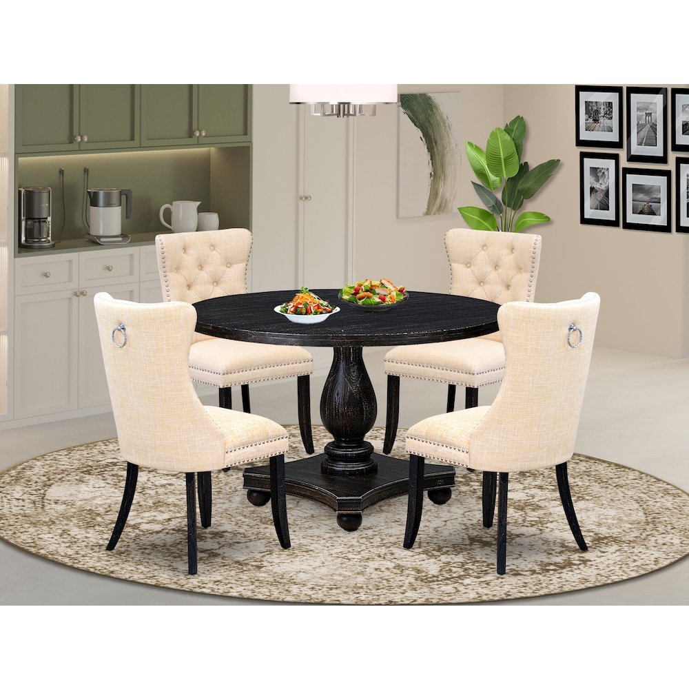 5-Piece Dining Set Of A Wood Table, 4 Light Beige Linen Fabric Dinner Chairs. Picture 2