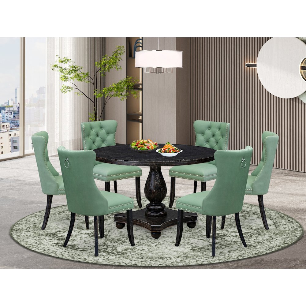 7 Piece Dinette Set Consists Of 48" Round Table In Willow Green Color. Picture 2