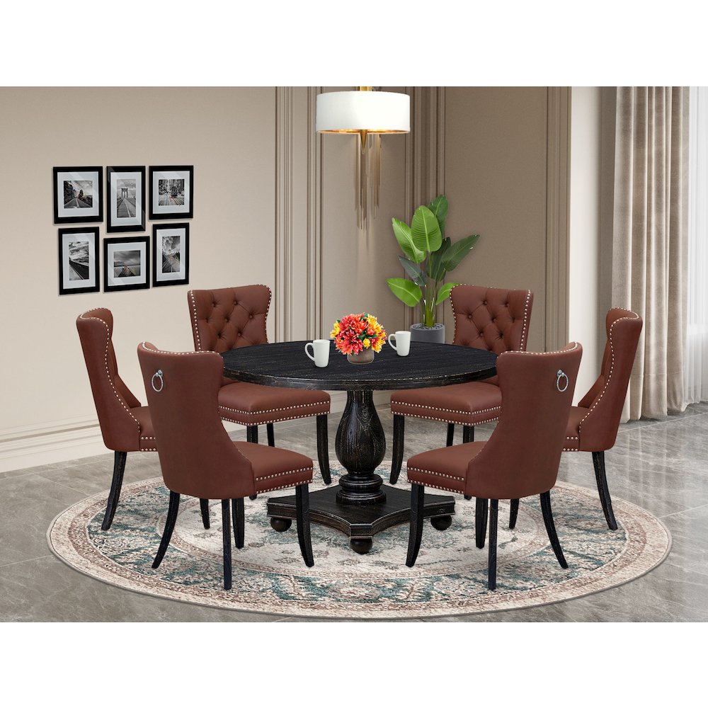 7 Piece Dining Table Set Consists Of 48" Round Table In Burgandy Color. Picture 2