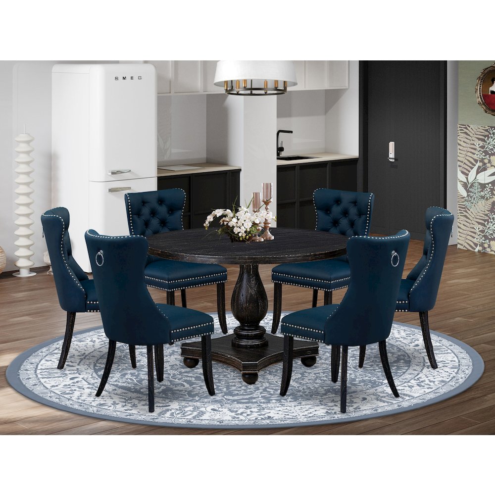 7 Piece Dining Table Set Consists Of 48" Round Table In Navy Blue Color. Picture 2