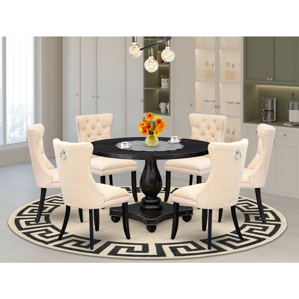 7-Piece Dining Set A Dining Table, 6 Light Beige Linen Fabric Parsons Chair. Picture 2