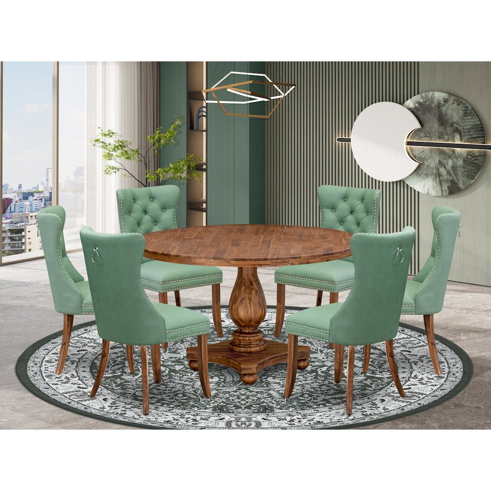 7-Pc Dining Set Contain A Mid Century Table, 6 Willow Green Upholstered Chairs. Picture 2