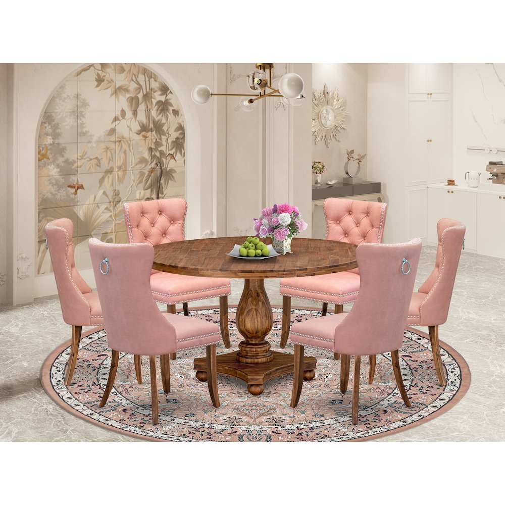 7-Pc Mid Century Dining Set Contain A Table And 6 Beige Red Upholstered Chairs. Picture 2