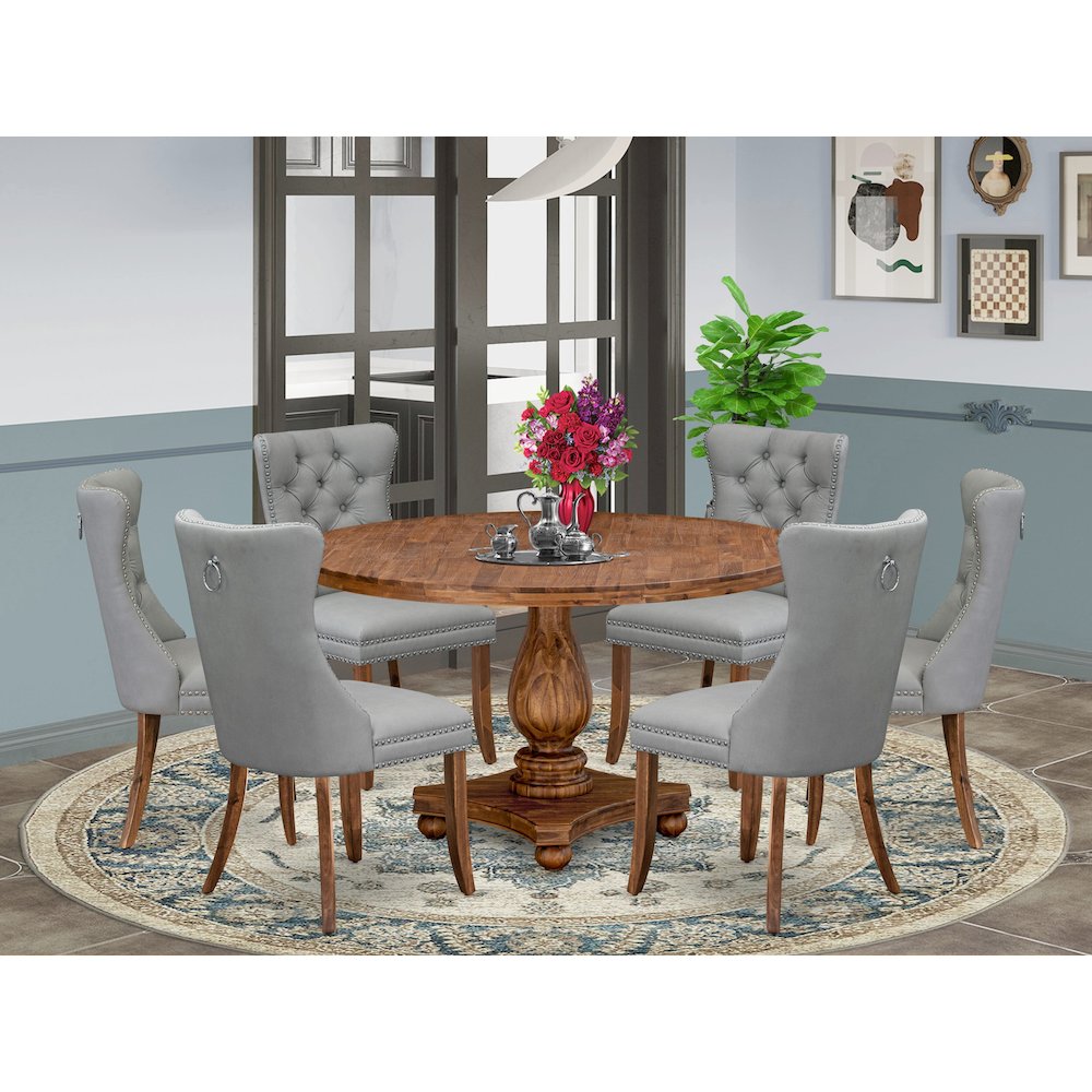 7-Pc Kitchen Table Set Contain A Mid Century Modern Table, 6 Light Gray Chairs. Picture 2