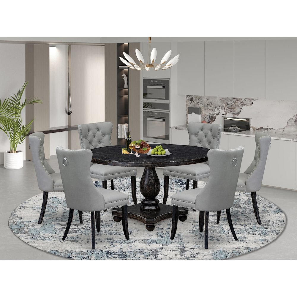 7 Piece Dining Table Set Contains 54" Round Table In Light Gray Color. Picture 2