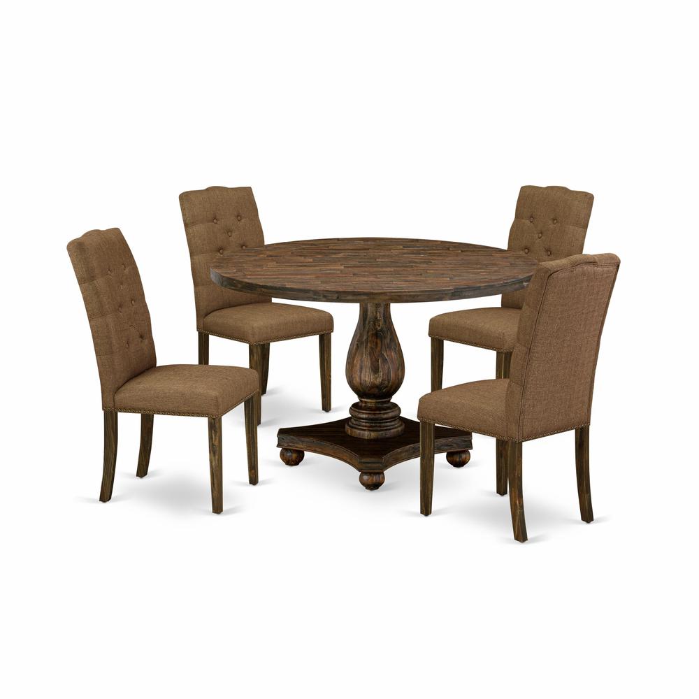 East West Furniture 5 Piece Modern Dining Table Set Includes a Modern Kitchen Table and 4 Brown Linen Fabric Dining Chairs with Button Tufted Back - Distressed Jacobean Finish. Picture 1