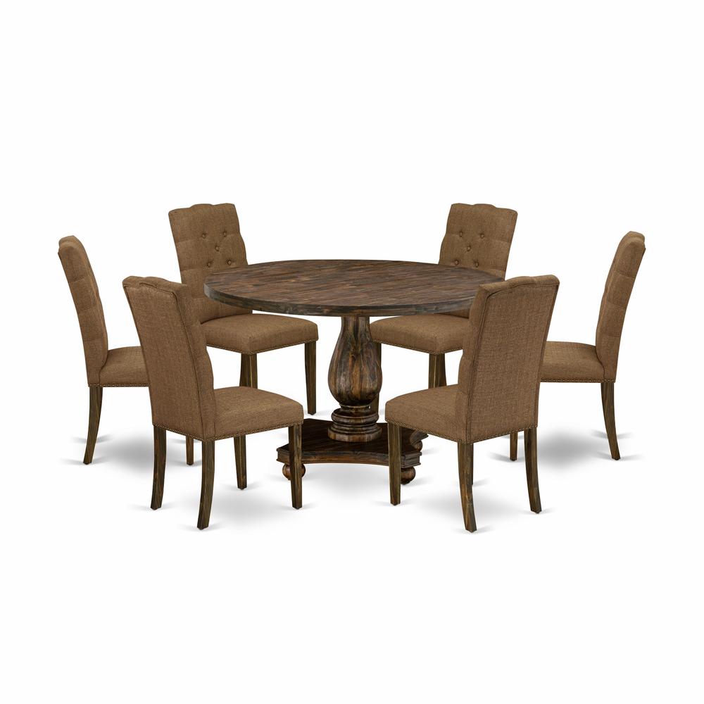 East West Furniture 7 Piece Dining Room Set Contains a Dining Table and 6 Brown Linen Fabric Parson Chairs with Button Tufted Back - Distressed Jacobean Finish. Picture 1