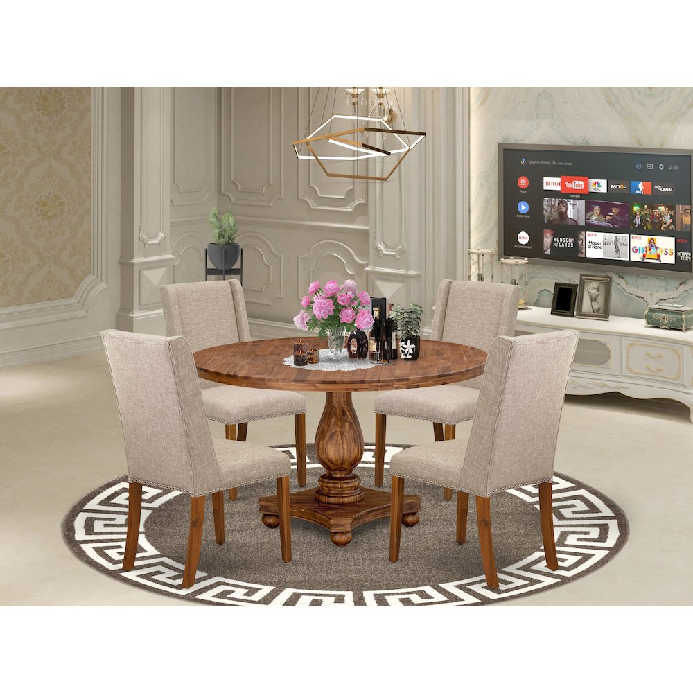 5-Piece Dining Room Set Of A Kitchen Table, 4 Light Tan Fabric Mid-Century Chair. Picture 2