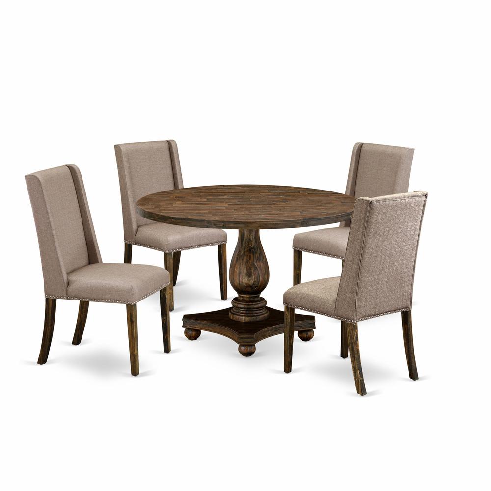 East West Furniture 5 Piece Mid Century Modern Dining Set Contains a Modern Dining Table and 4 Dark Khaki Linen Fabric Dining Chairs with High Back - Distressed Jacobean Finish. Picture 1
