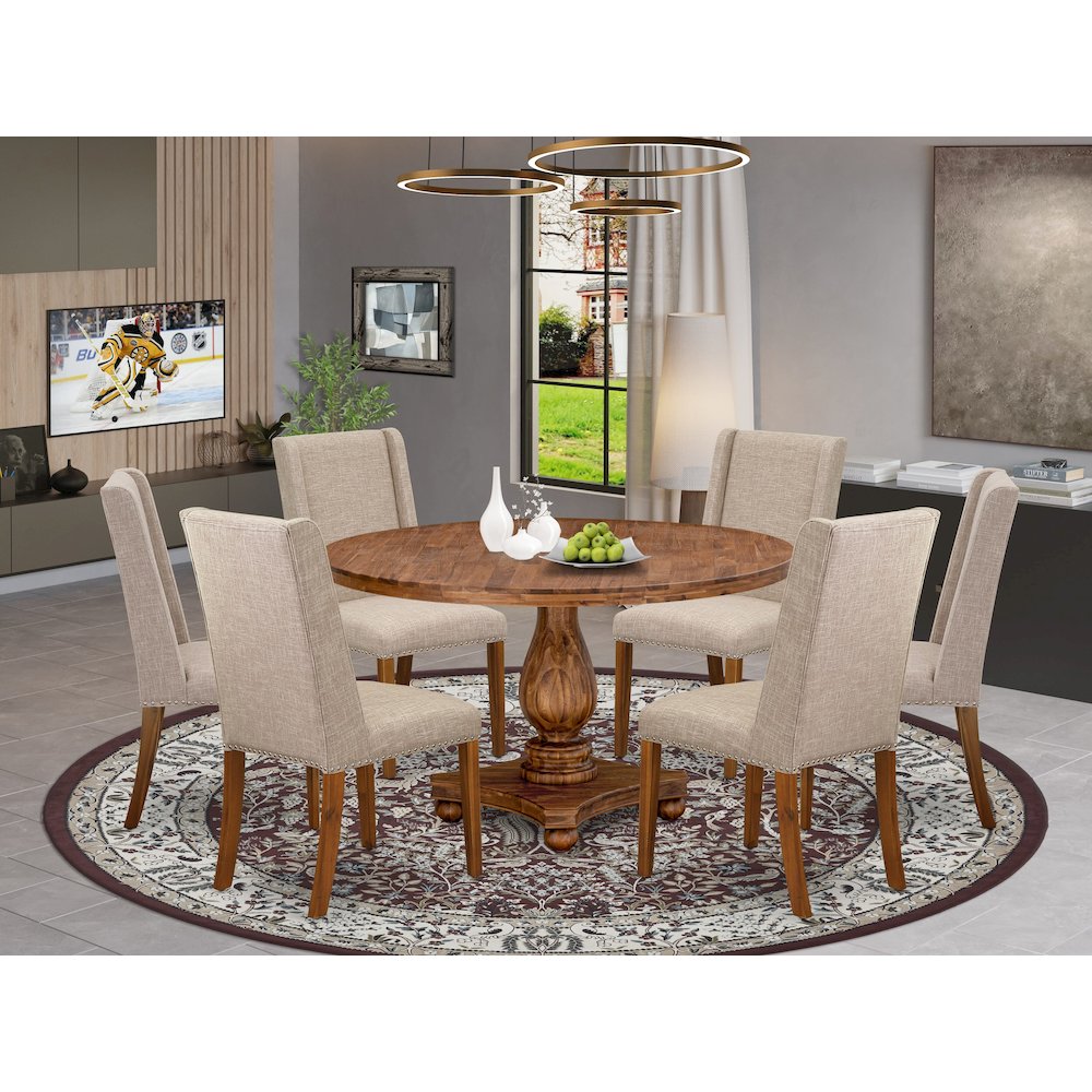 7-Piece Kitchen Table Set A Modern Table, 6 Light Tan Fabric Dinning Room Chairs. Picture 2