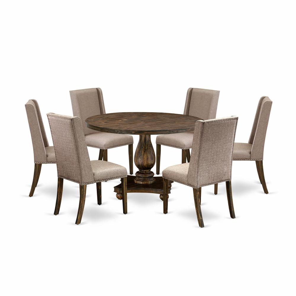 East West Furniture 7 Piece Dining Table Set Contains a Dining Table and 6 Dark Khaki Linen Fabric Dining Room Chairs with High Back - Distressed Jacobean Finish. Picture 1