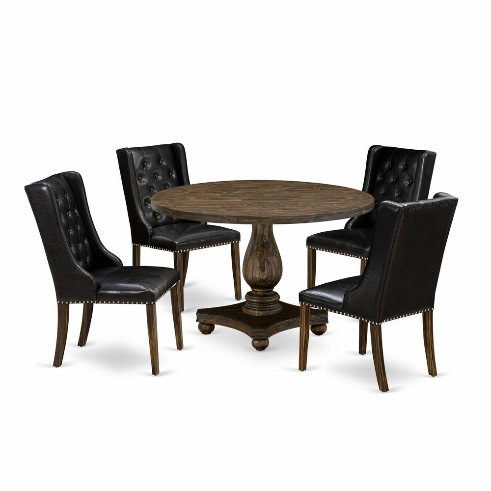 East West Furniture 5 Piece Mid Century Dining Set Includes a Wood Table and 4 Black PU Leather Upholstered Dining Chairs with Button Tufted Back - Distressed Jacobean Finish. Picture 1
