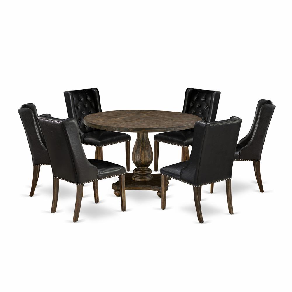 East West Furniture 7 Piece Dinette Set Contains a Dining Table and 6 Black PU Leather Mid Century Dining Chairs with Button Tufted Back - Distressed Jacobean Finish. Picture 1