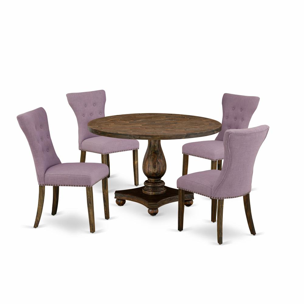 East West Furniture 5 Piece Kitchen Dining Table Set Contains a Modern Dining Table and 4 Dahlia Linen Fabric Modern Chairs with Button Tufted Back - Distressed Jacobean Finish. Picture 1
