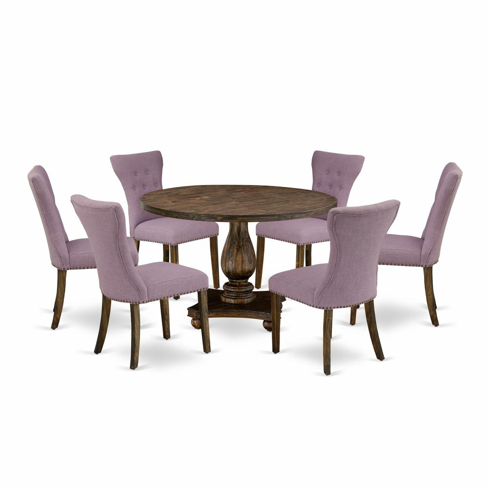 East West Furniture 7 Piece Dinner Table Set Consists of a Wood Table and 6 Dahlia Linen Fabric Kitchen Chairs with Button Tufted Back - Distressed Jacobean Finish. Picture 1