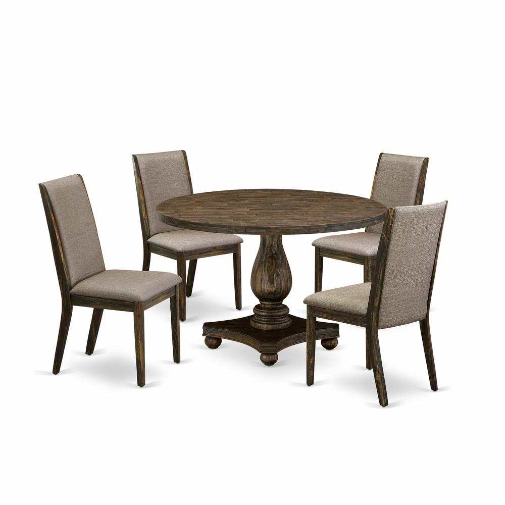 East West Furniture 5 Piece Dining Room Set Contains a Modern Kitchen Table and 4 Dark Khaki Linen Fabric Mid Century Dining Chairs with High Back - Distressed Jacobean Finish. Picture 1