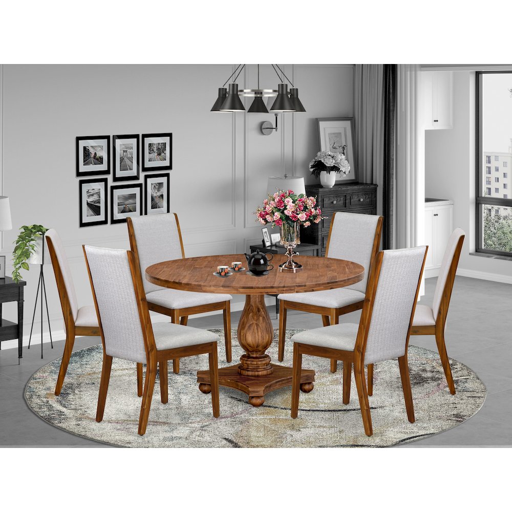 7-Piece Modern Dining Set A Wooden Kitchen Table, 6 Grey Fabric Modern Chairs. Picture 2