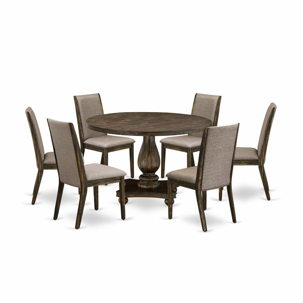 East West Furniture 7 Piece Dining Room Table Set Contains a Dining Table and 6 Dark Khaki Linen Fabric Upholstered Dining Chairs with High Back - Distressed Jacobean Finish. Picture 1