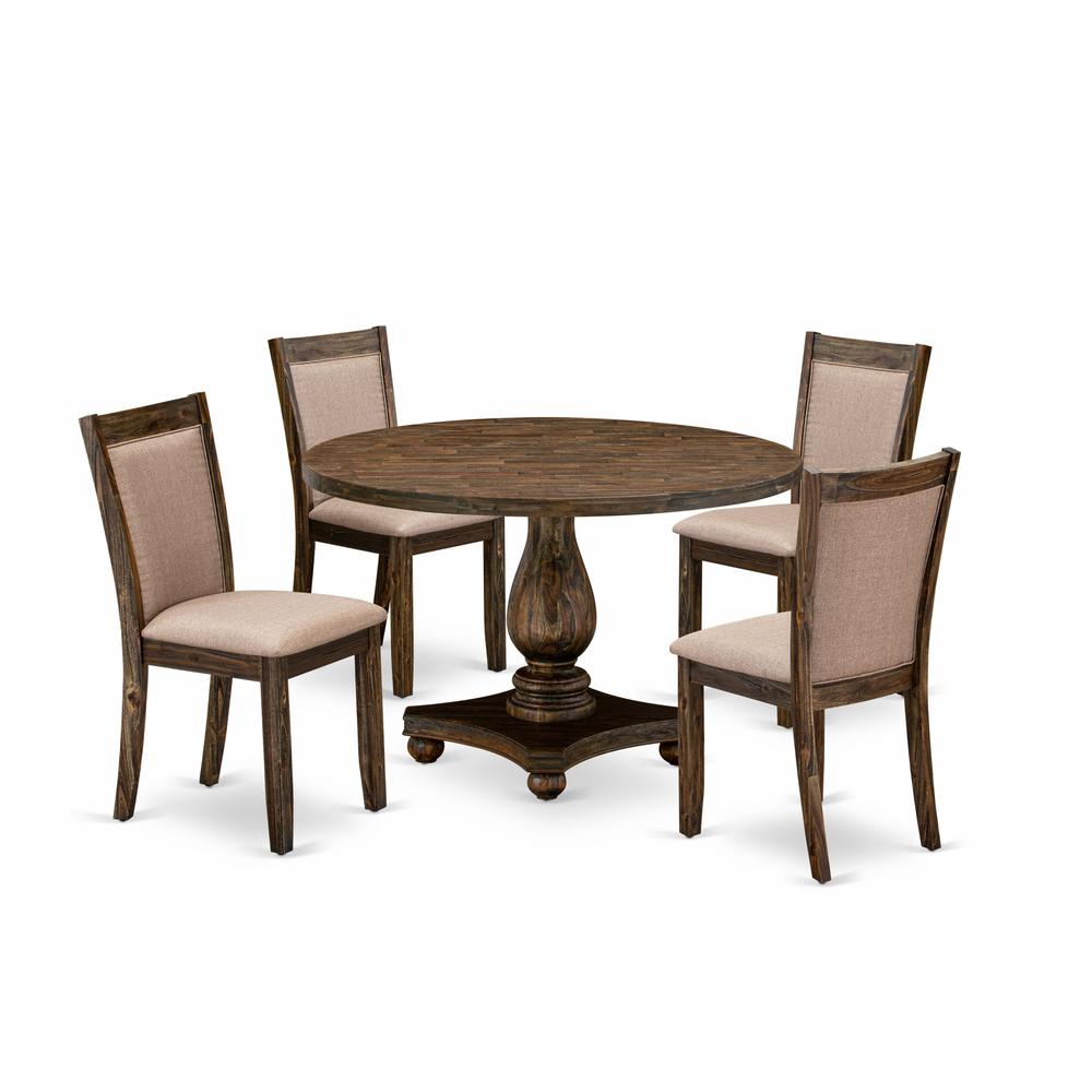 East West Furniture 5 Piece Dining Room Table Set Contains a Modern Dining Table and 4 Dark Khaki Linen Fabric Mid Century Dining Chairs with High Back - Distressed Jacobean Finish. Picture 1