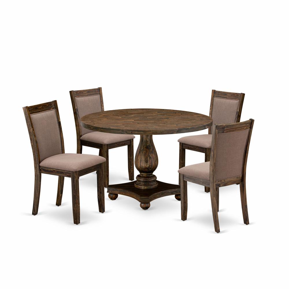East West Furniture 5-Piece Modern Dining Set - Dining Table and 4 Coffee Color Parson Dining Chairs with High Back - Distressed Jacobean Finish. Picture 1