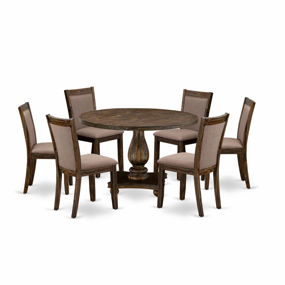 East West Furniture 7-Pc Kitchen Table Set - Wooden Dining Table and 6 Coffee Color Parson Wood Dining Chairs with High Back - Distressed Jacobean Finish. Picture 1