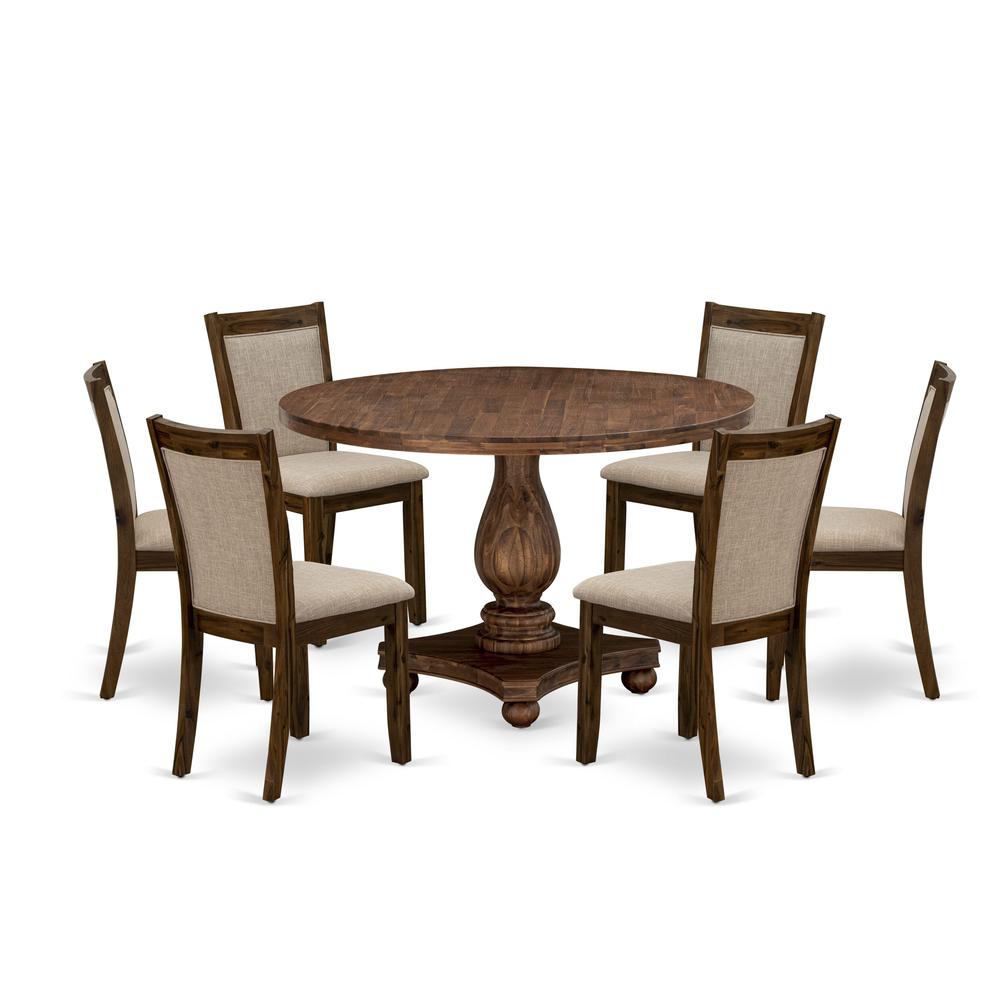 East West Furniture 7-Piece Dinner Table Set - Round Modern Dining Table and 6 Light Tan Color Parson Wood Dining Chairs with High Back - Antique Walnut Finish. Picture 1