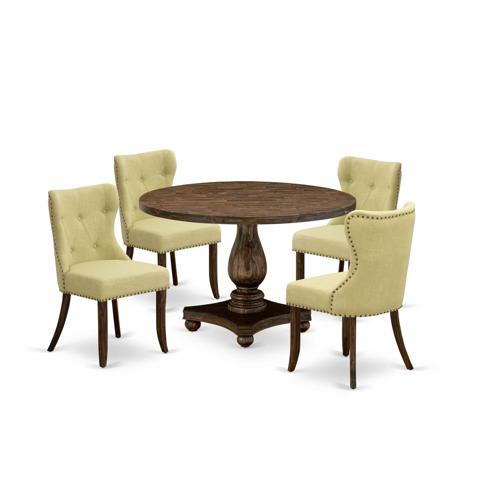 East West Furniture 5-Pc Mid Century Dining Set - Modern Kitchen Table and 4 Limelight Color Parson Chairs with Button Tufted Back - Distressed Jacobean Finish. Picture 1