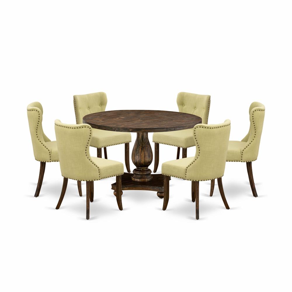 East West Furniture 7-Pc Dining Set - Wood Dining Table and 6 Limelight Color Parson Kitchen Chairs with Button Tufted Back - Distressed Jacobean Finish. Picture 1