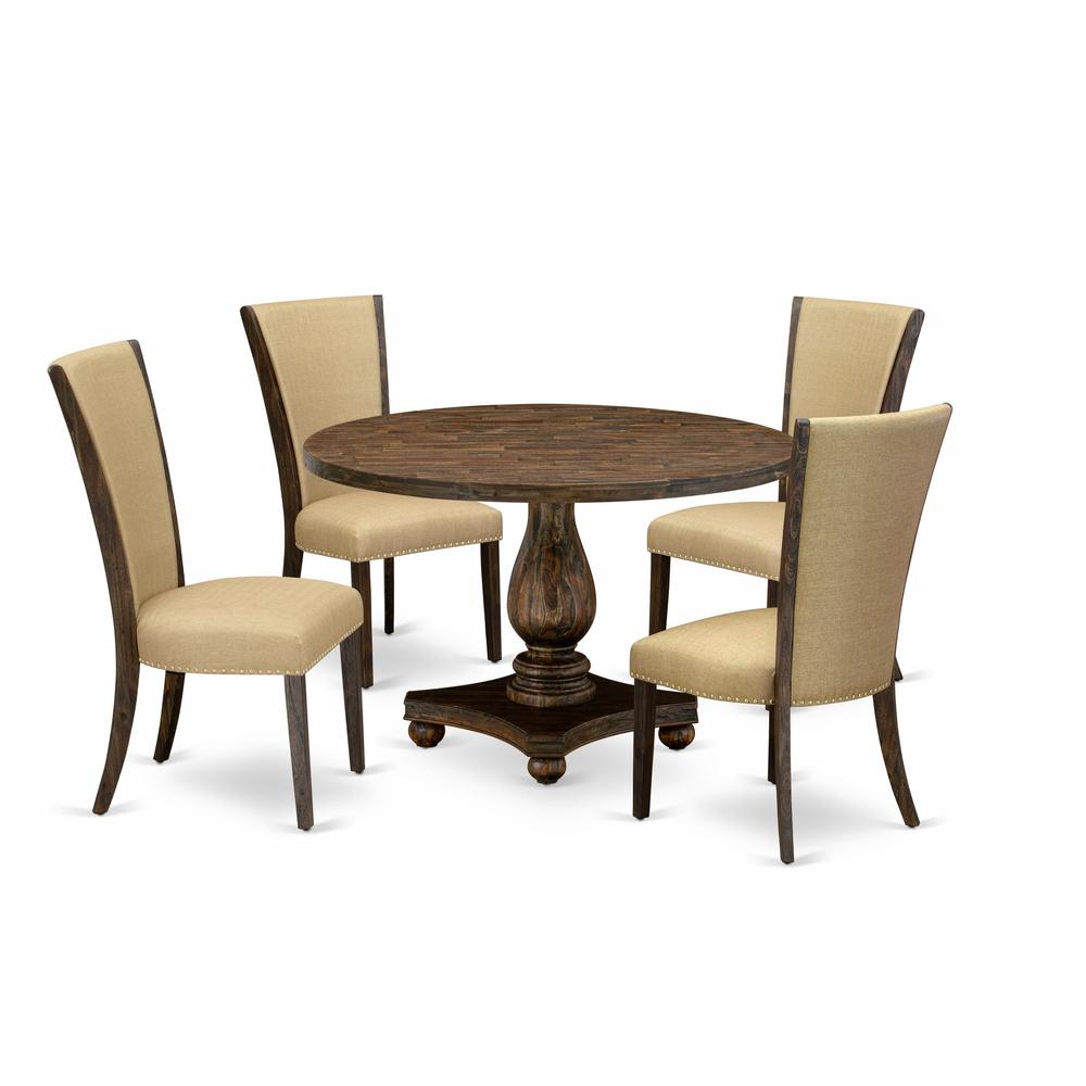 East West Furniture 5-Pc Dining Room Set - Round Dinner Table and 4 Brown Color Parson Dining Room Chairs with High Back - Distressed Jacobean Finish. Picture 1