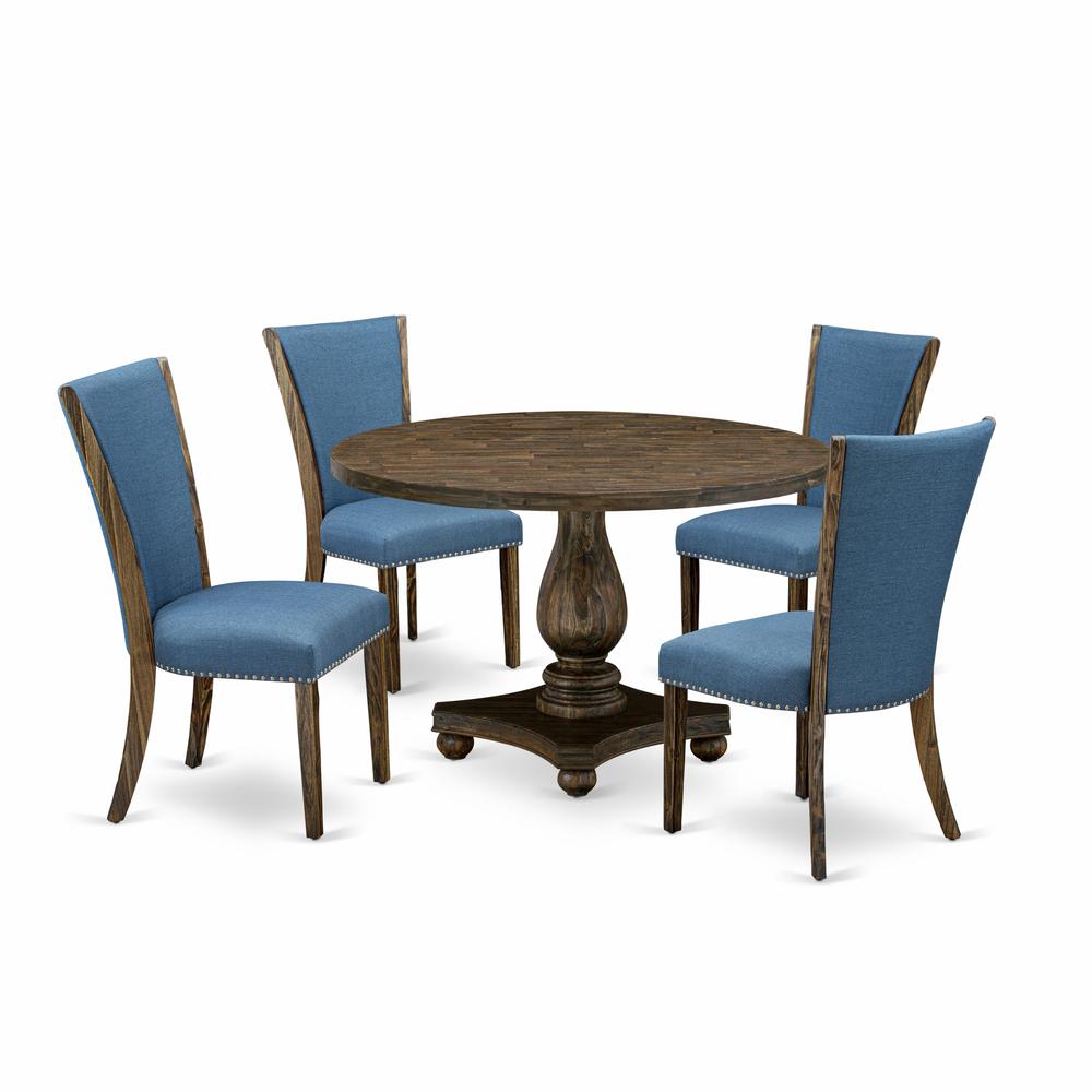 East West Furniture 5-Pc Dinette Set - Dining Table and 4 Blue Color Parson Modern Chairs with High Back - Distressed Jacobean Finish. Picture 1