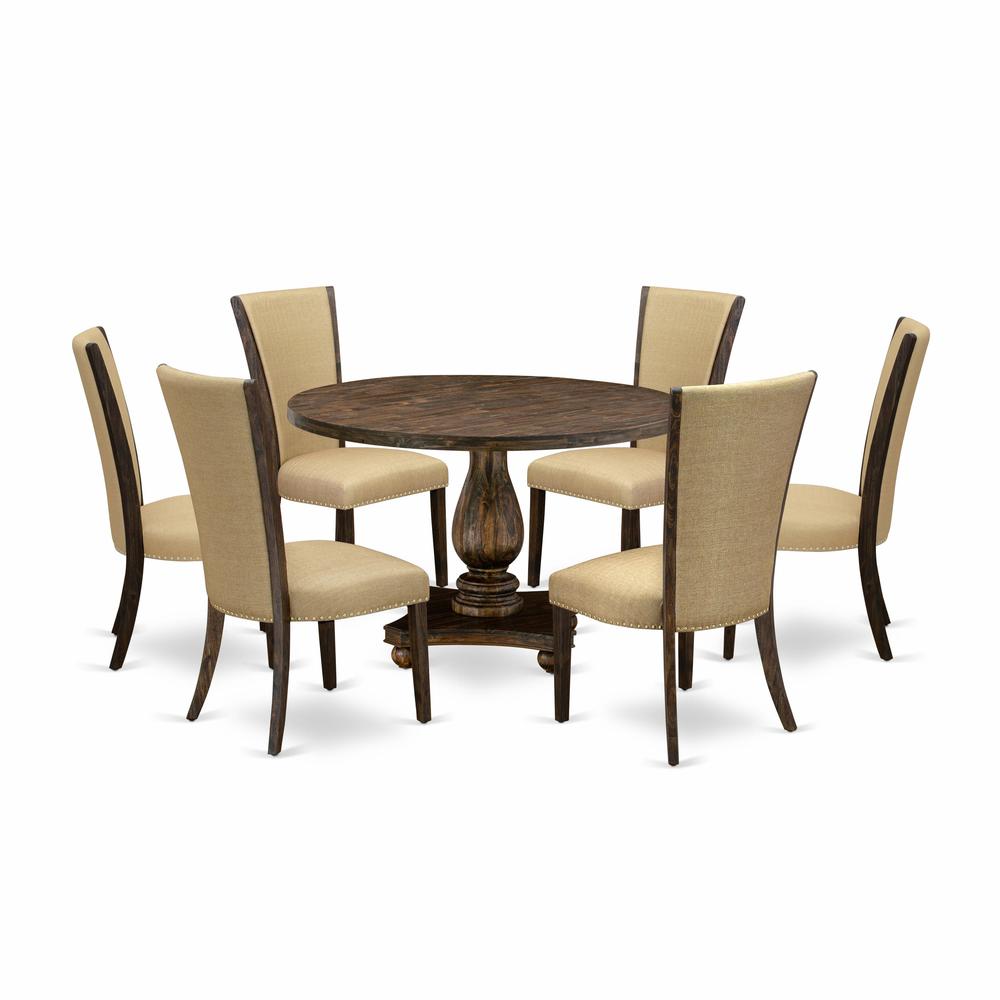 East West Furniture 7-Pc Kitchen Table Set - Dinning Table and 6 Brown Color Parson Dining Room Chairs with High Back - Distressed Jacobean Finish. Picture 1