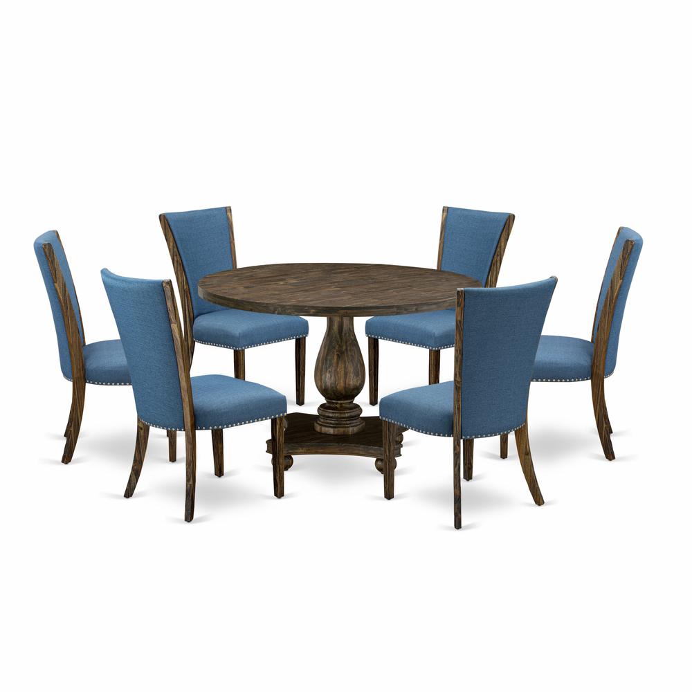 East West Furniture 7-Piece Dining Table Set - Dining Room Table and 6 Blue Color Parson Modern Kitchen Chairs with High Back - Distressed Jacobean Finish. Picture 1