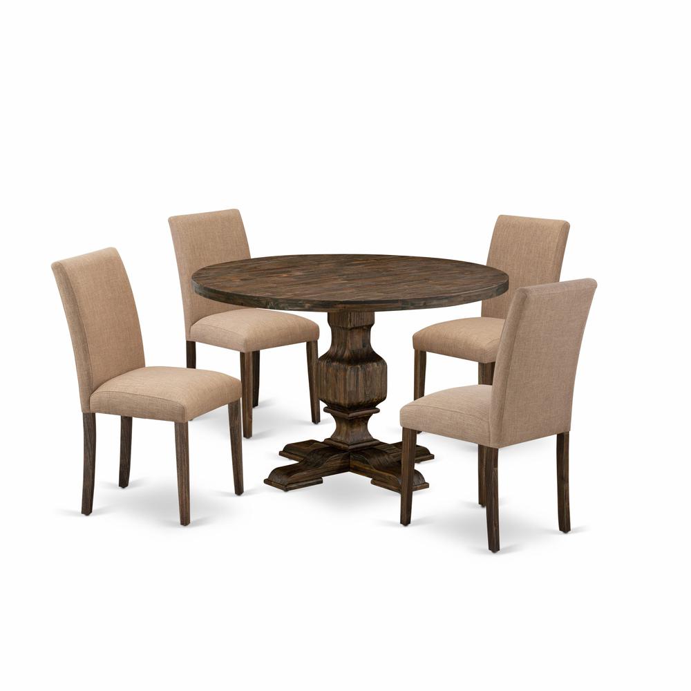 East West Furniture 5 Piece Mid Century Modern Dining Set Includes a Dining Table and 4 Light Sable Linen Fabric Dining Chairs with High Back - Distressed Jacobean Finish. Picture 1