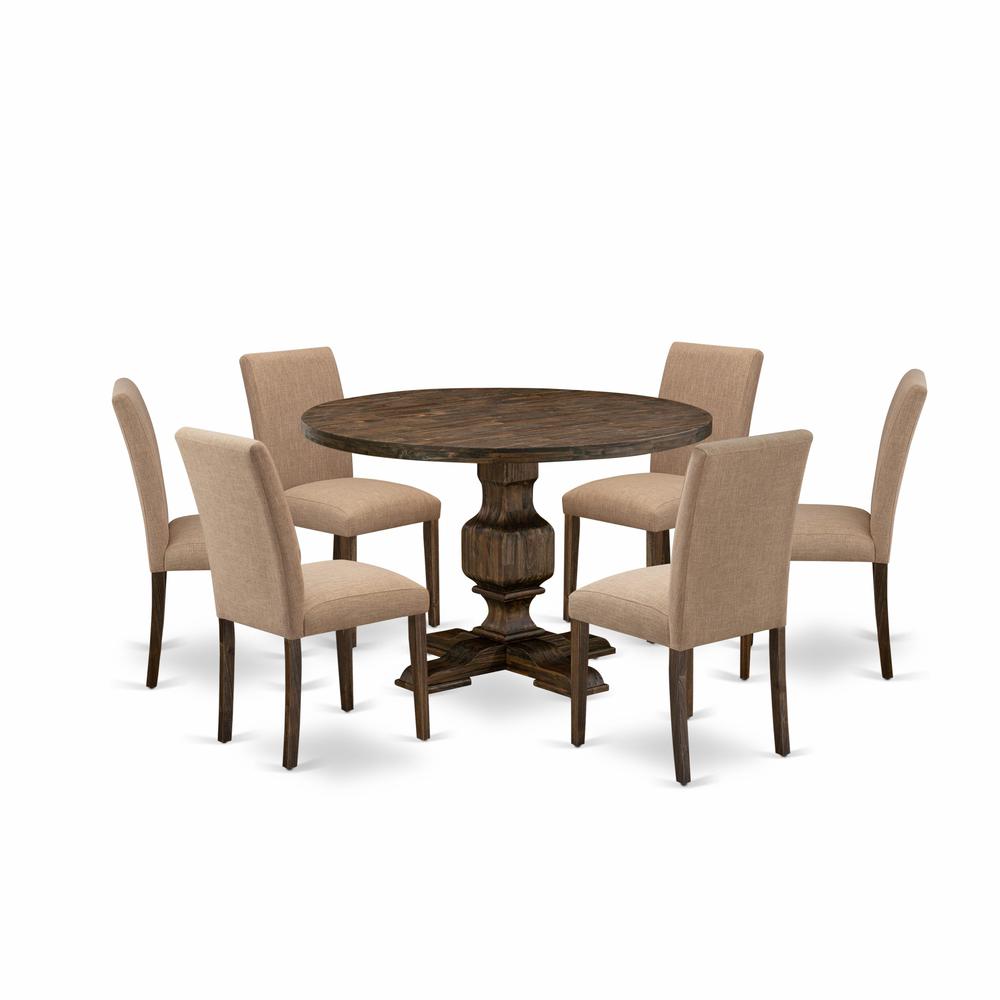 East West Furniture 7 Piece Table Set Includes a Dining Room Table and 6 Light Sable Linen Fabric Mid Century Modern Chairs with High Back - Distressed Jacobean Finish. Picture 1