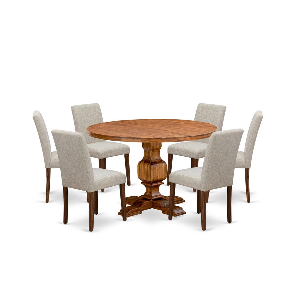 East West Furniture 7-Piece Modern Dining Set - Dinner Table and 6 Doeskin Color Parson Chairs with High Back - Antique Walnut Finish. Picture 1