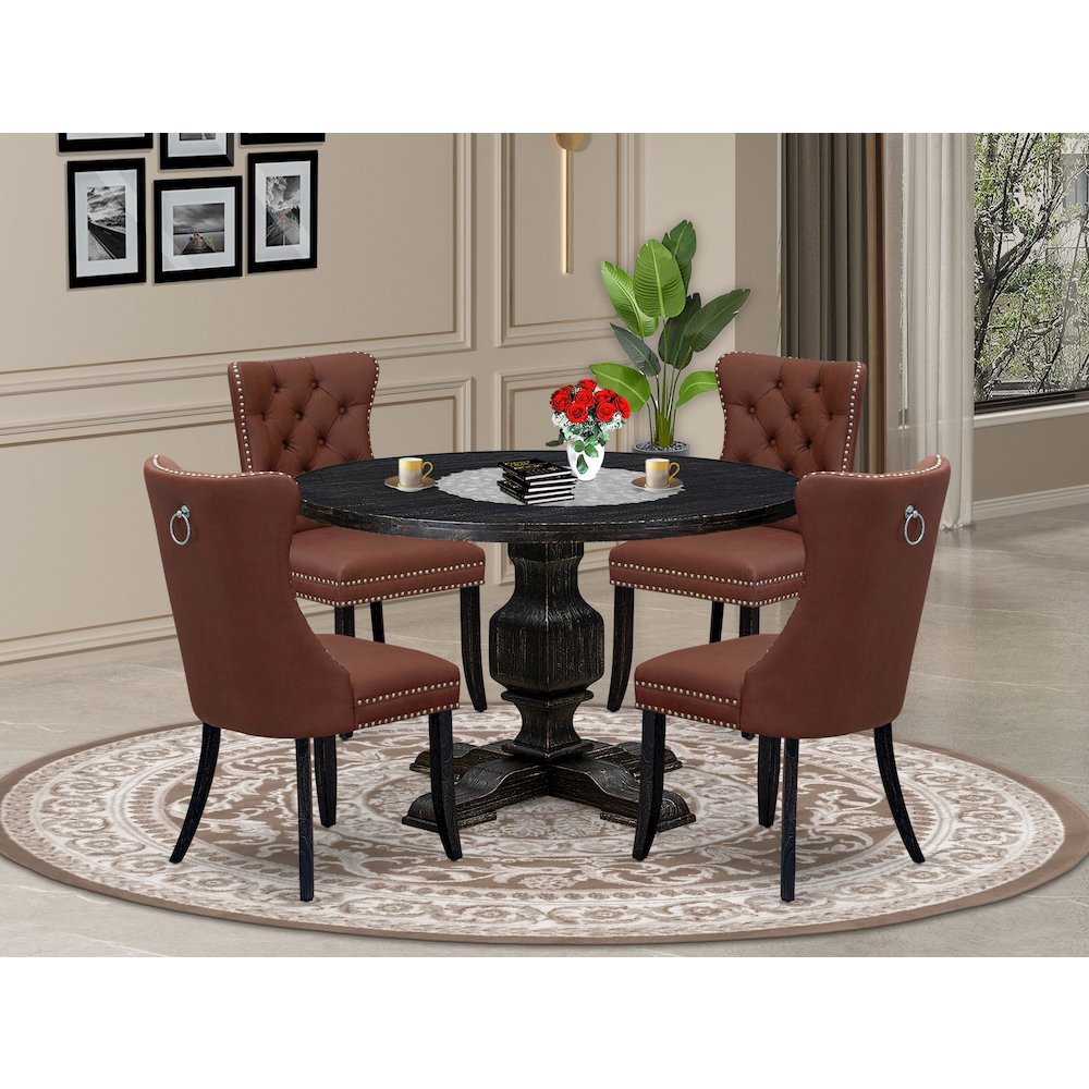 5 Piece Dining Table Set Contains 48" Round Table In Burgandy Color. Picture 2