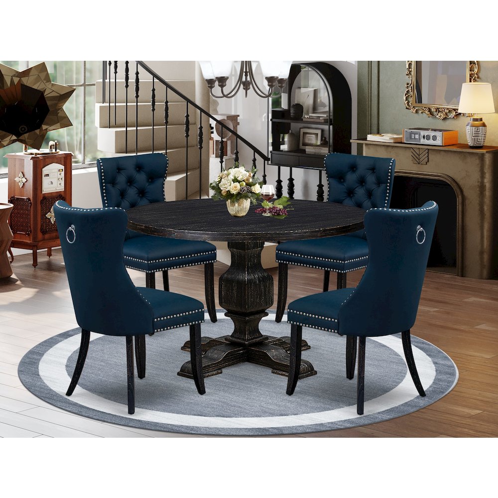 5 Piece Dining Table Set Contains 48" Round Table In Navy Blue Color. Picture 2