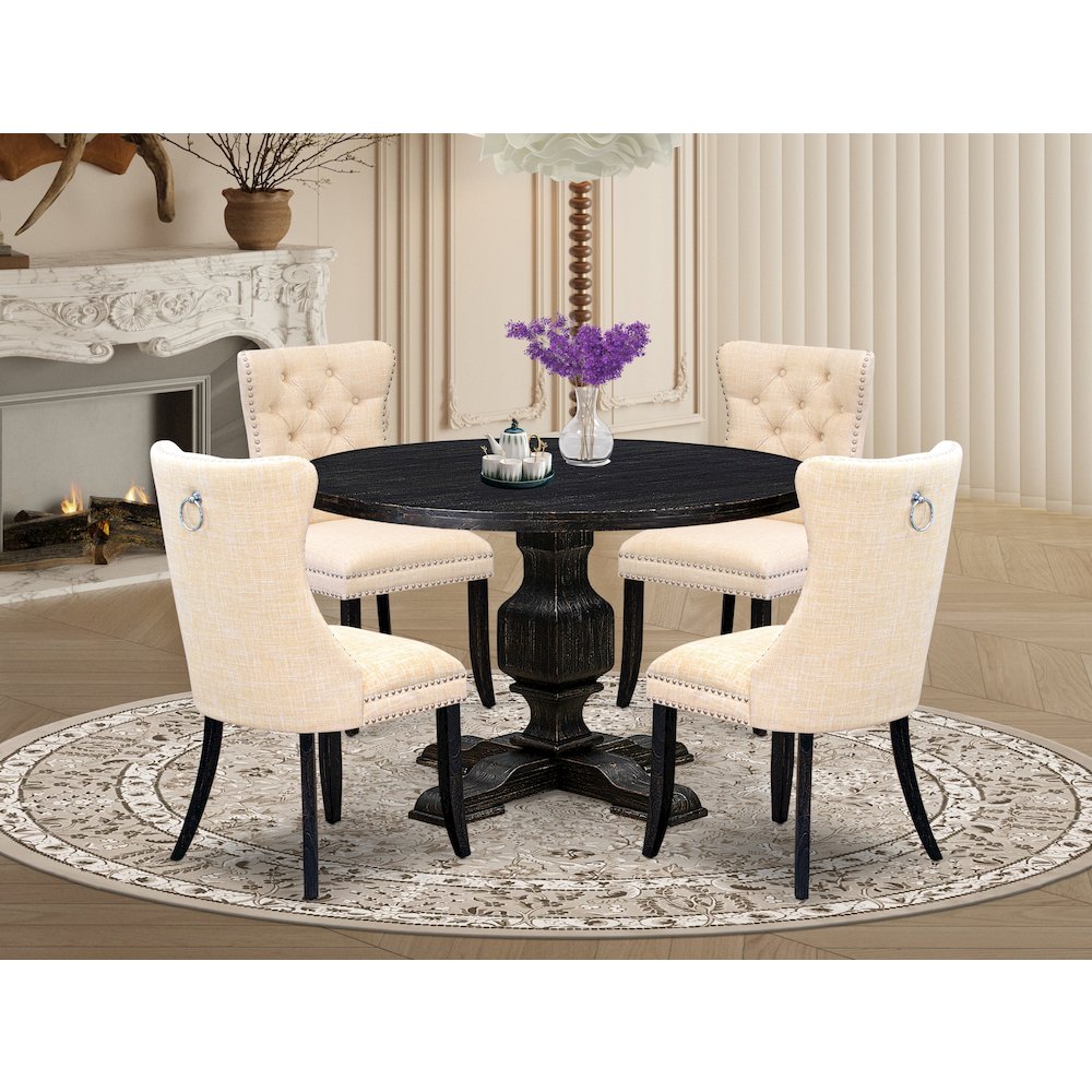 5-Pc Kitchen Table A Wood Table And 4 Light Beige Linen Fabric Dining Chairs. Picture 2