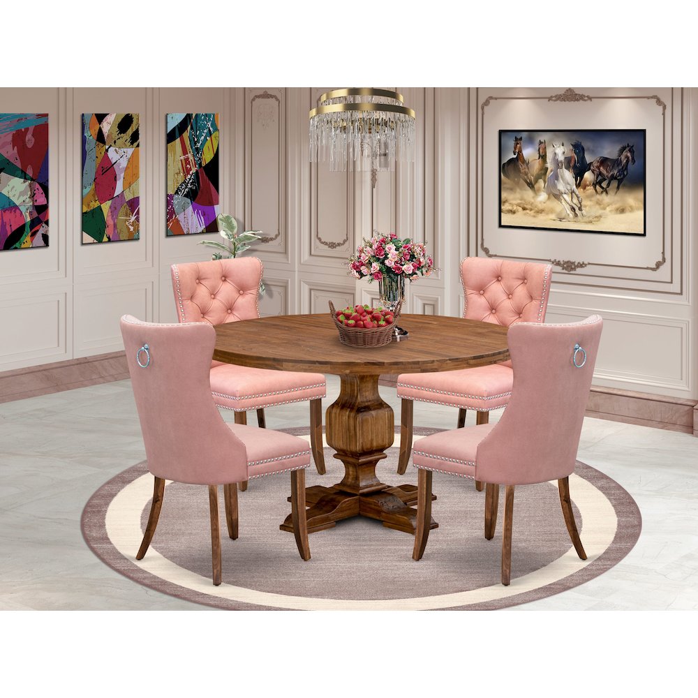 5-Pc Mid Century Modern Dining Set Include A Round Table And 4 Beige Red Chairs. Picture 2
