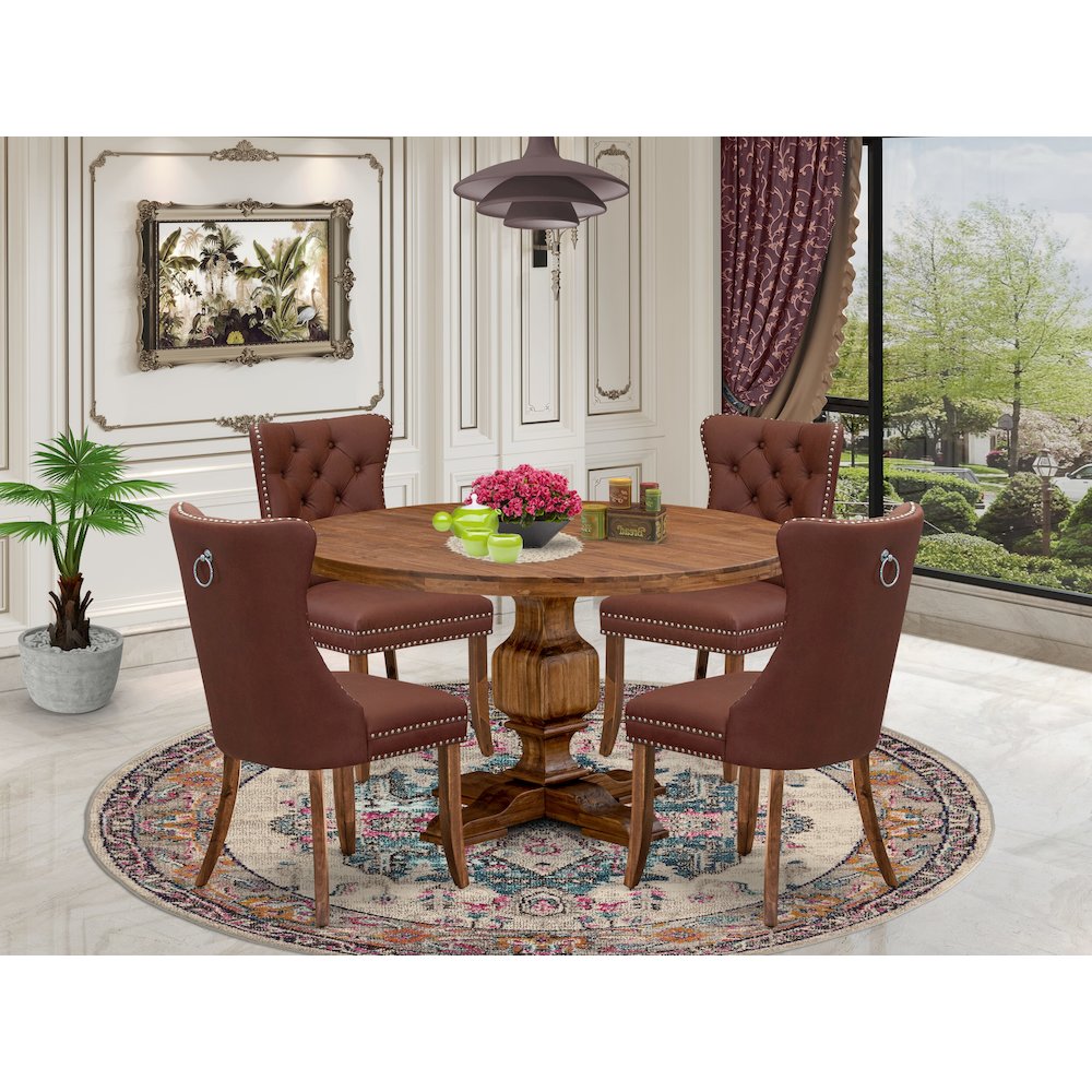 5-Pc Dinner Table Set Include A Round Table And 4 Burgundy Upholstered Chairs. Picture 2