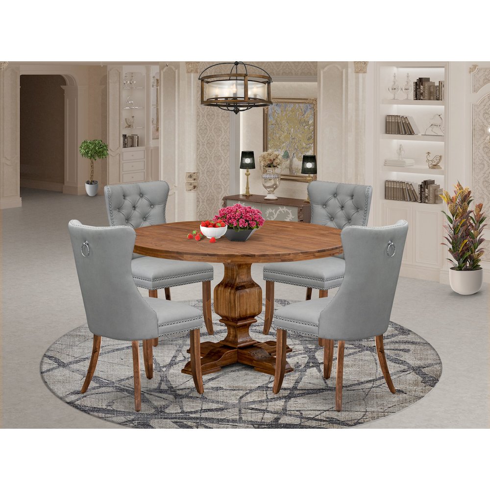 5-Pc Dining Set Include A Round Dining Table And 4 Light Gray Padded Chairs. Picture 2