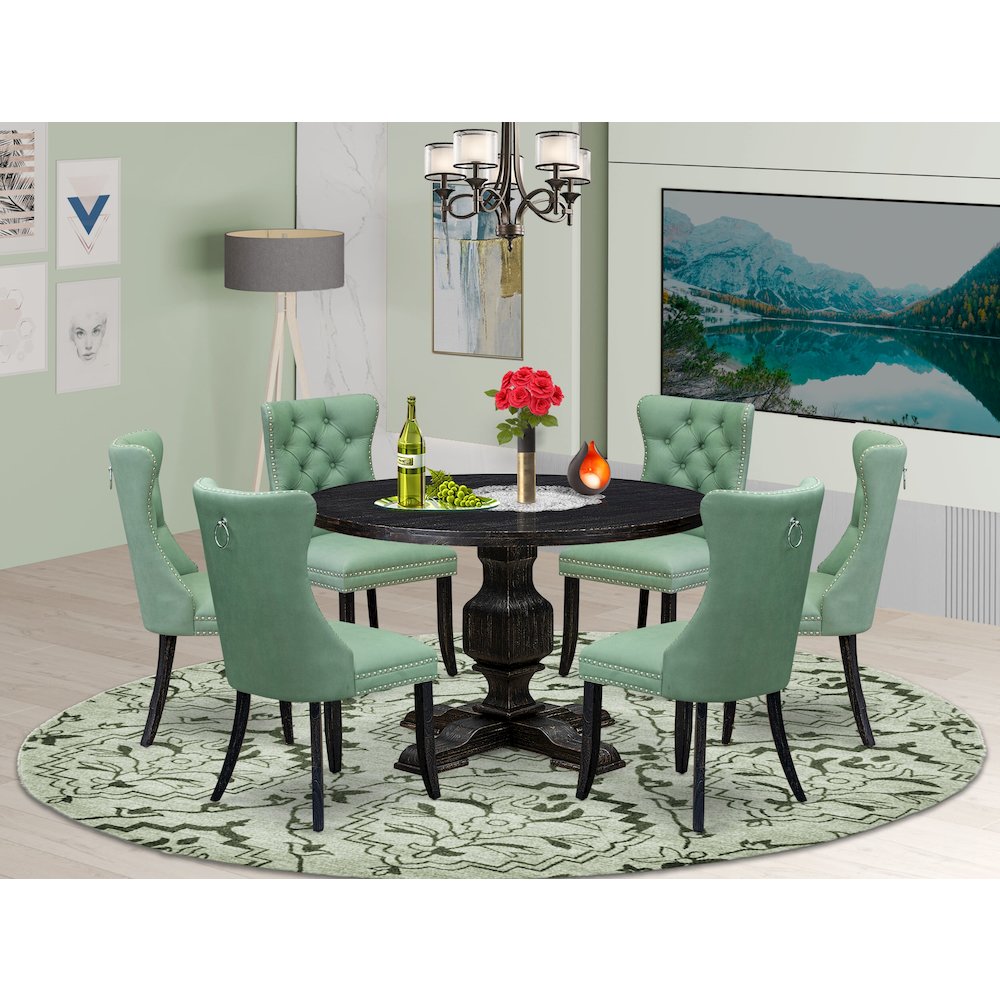7 Piece Dinette Set Includes 48" Round Table In Willow Green Color. Picture 2