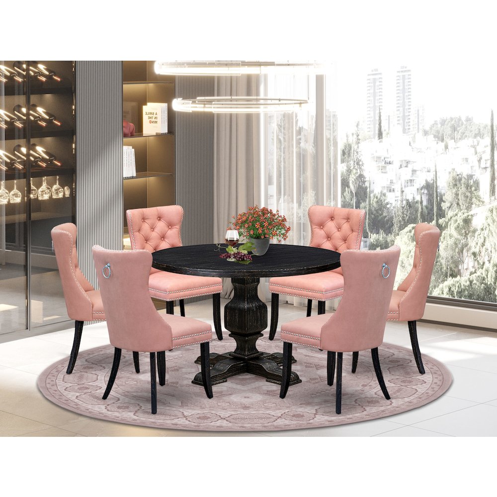 7 Piece Dining Set Includes 48" Round Kitchen Table In Beige Red Color. Picture 2