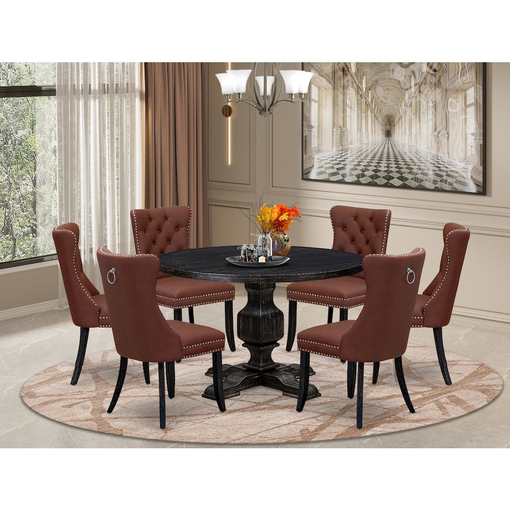 7 Piece Dining Table Set Includes 48" Round Table In Burgandy Color. Picture 2