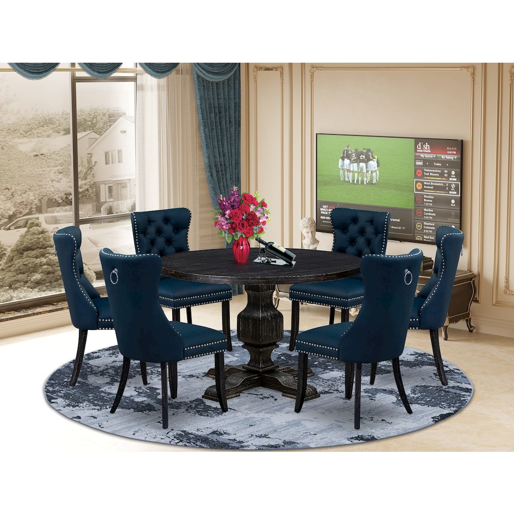 7 Piece Dining Table Set Includes 48" Round Table In Navy Blue Color. Picture 2